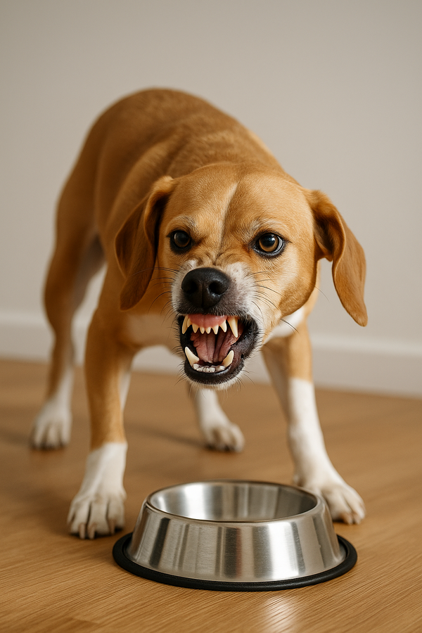 собака рычит и защищает миску
