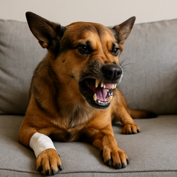 собака рычит, сидя на диване