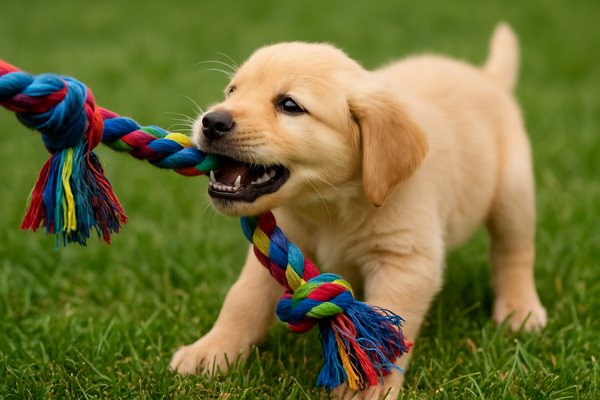 щенок играет с канатиком и рычит